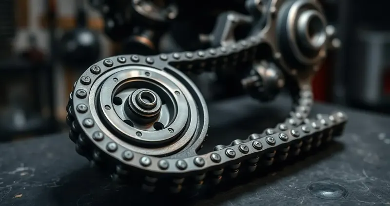 Steuerkettentrieb eines BMW Motors mit Kettenrad und Kettenspanner