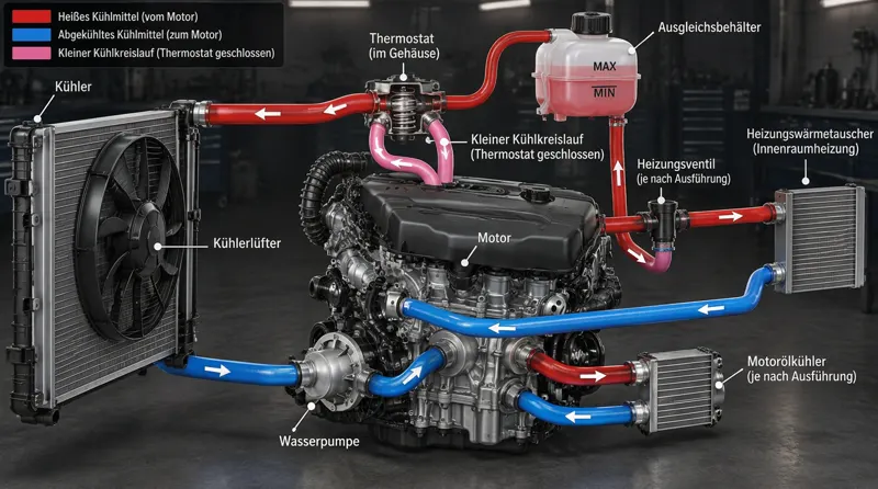 Schema des Motorkuehlkreislaufs mit kleinem und grossem Kreis, Heizungswaermetauscher und Oelkuehler