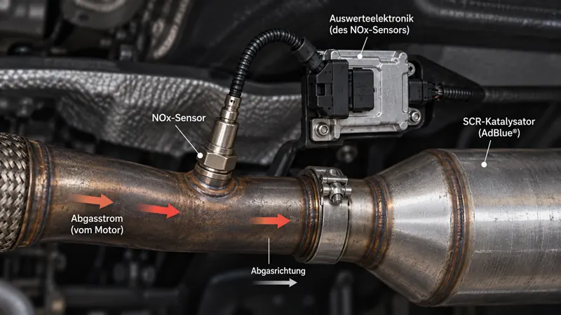 In das Abgasrohr eingeschraubter NOx-Sensor mit separater Auswerteelektronik vor dem SCR-Katalysator