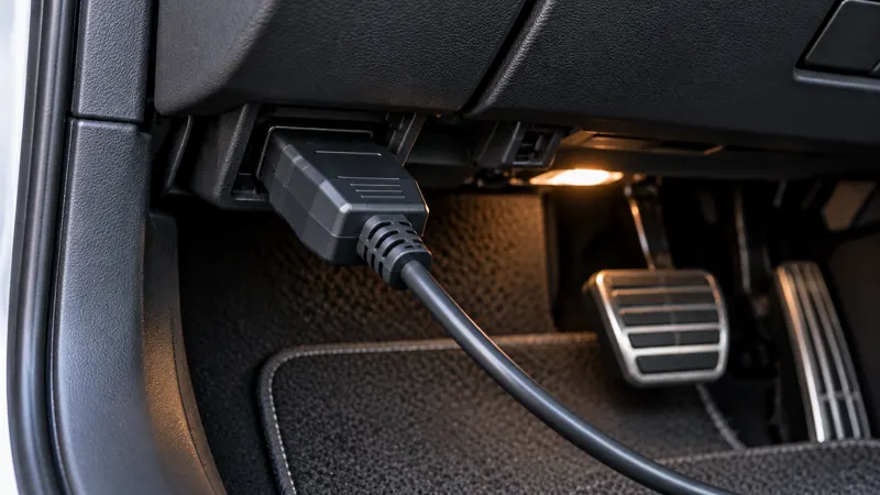 Eingestecktes Diagnosekabel an der OBD-Buchse links unter der Lenksaeule