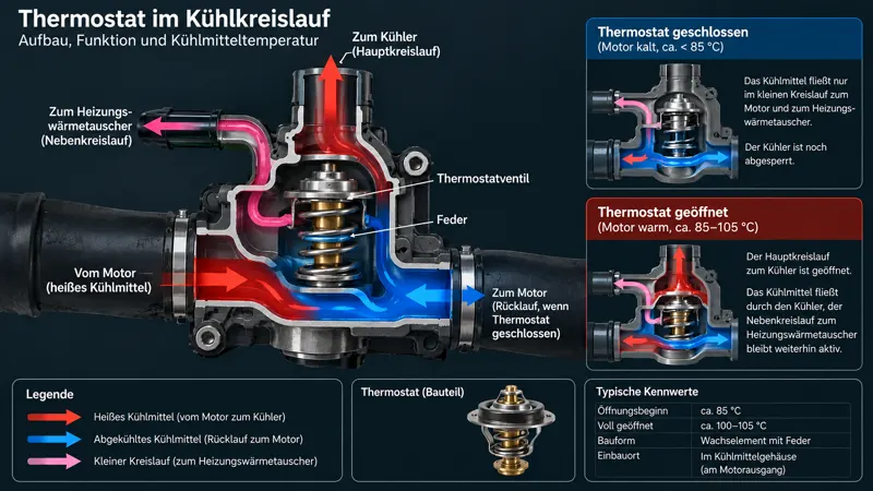 Schnittbild eines Thermostatgehaeuses im geschlossenen und geoeffneten Zustand mit Stroemungspfeilen