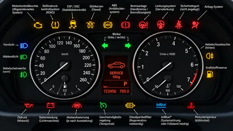 Kombiinstrument mit beschrifteten Warn- und Kontrollleuchten von Motorkontrollleuchte bis Motortemperatur